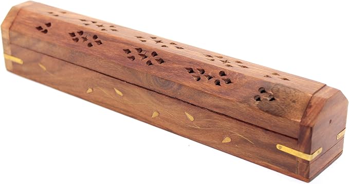 Govinda Wooden Coffin Incense Burner - 12" - Brass Inlays - Storage Compartment - Vines - skull incense burner
