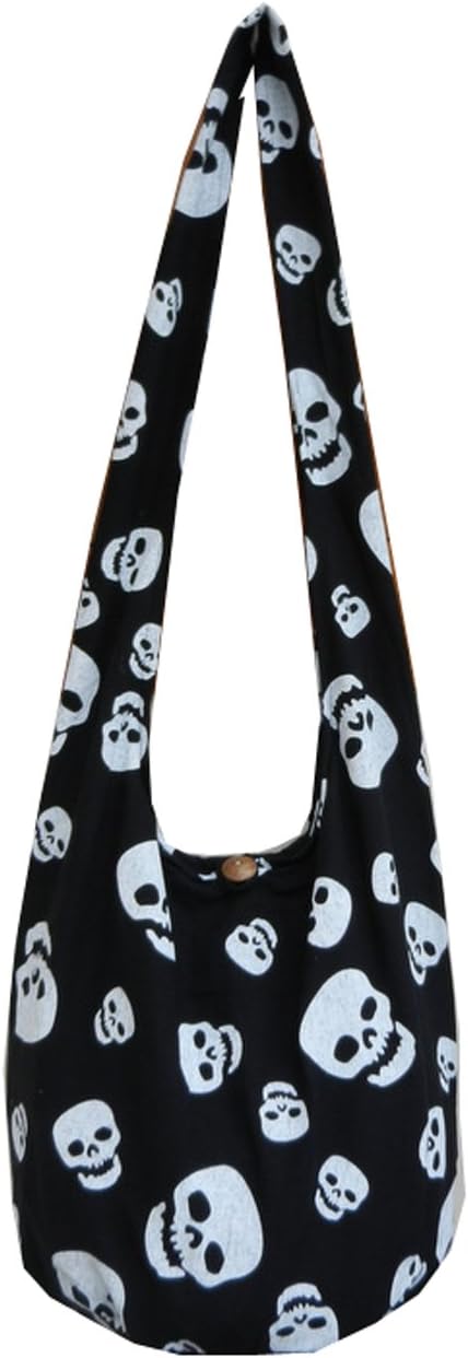 BTP! Skull Punk Rock Hippie Hobo Thai Cotton Sling Crossbody Bag Messenger Purse (Black SK9) - sugar skull handbags for sale