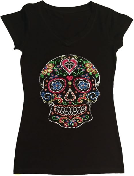 Women's Rhinestone Fitted Tight Snug Shirt Colorful Neon Sugar Skull - skull tank tops