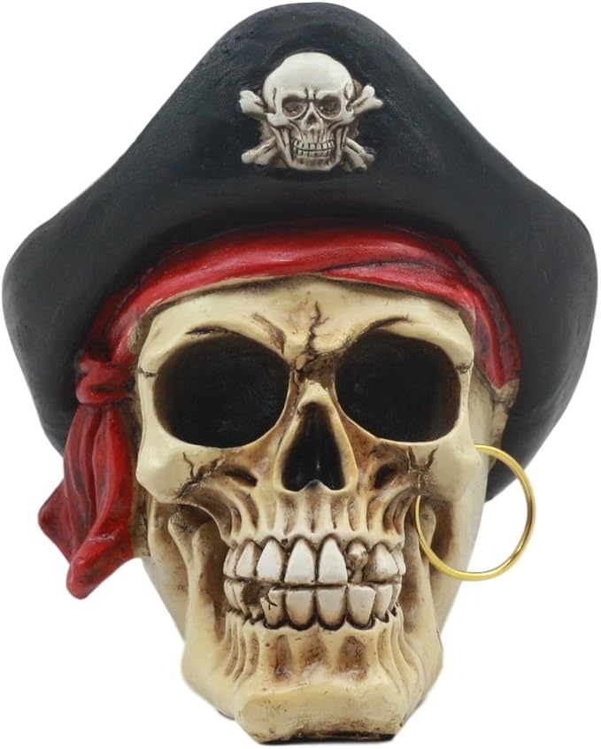 Gifts & Decor Pirate Captain Marauder Looting Skull with Hook Hat Skeleton Figurine Statue - skull figurine