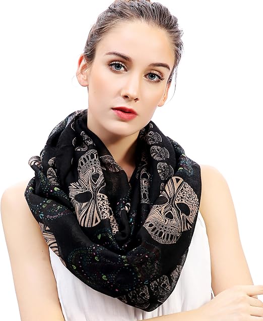 Lina & Lily Sugar Skull Print Women's Infinity Scarf Lightweight - sugar skull boots