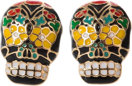 Artisan Owl – Black and Goldtone Sugar Skull Stud Earrings