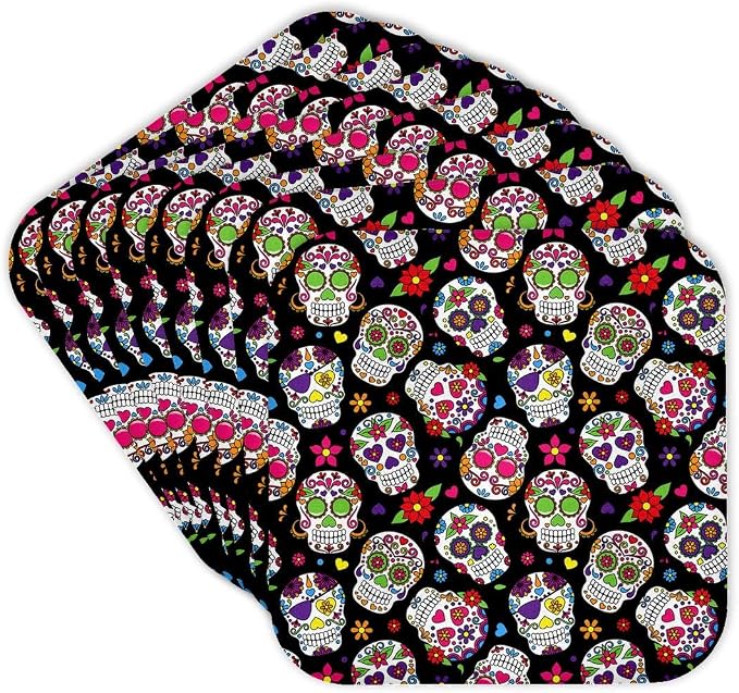 3dRose Anne Marie Baugh - Sugar Skulls - Colorful Scattered Sugar Skulls On A Black Background Pattern - Set of 8 Coasters - Soft (CST_222323_2) - skull coaster