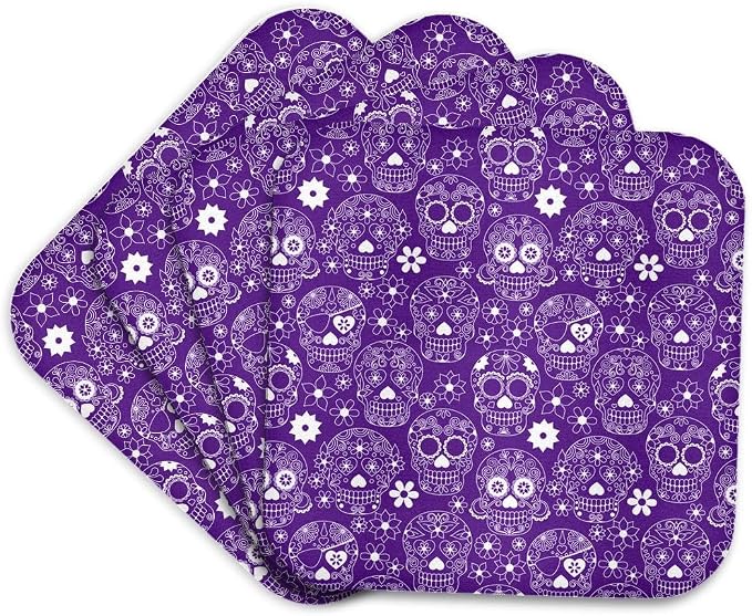 3dRose White Sugar Skulls On A Purple Background Set of 4 Coasters - Soft - skull coaster