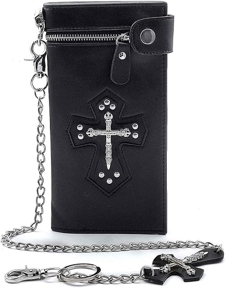 vogueteen Mens Gothic Skull Cross Leather Biker Punk Wallet with a Metal Long Chain Black - skull wallet