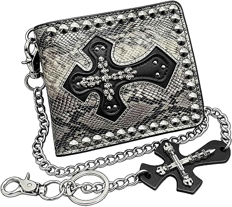 Mens Studded Gothic Skull Cross Biker Rocker Leather Wallet Purse with Chain - skull wallet