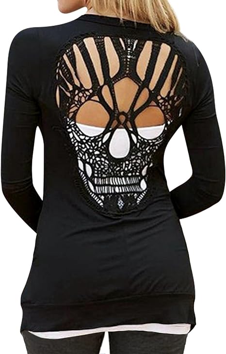 Womens Long Sleeve Open Front Back Cut Out Skull Skeleton Cardigan Tops - skull leggings