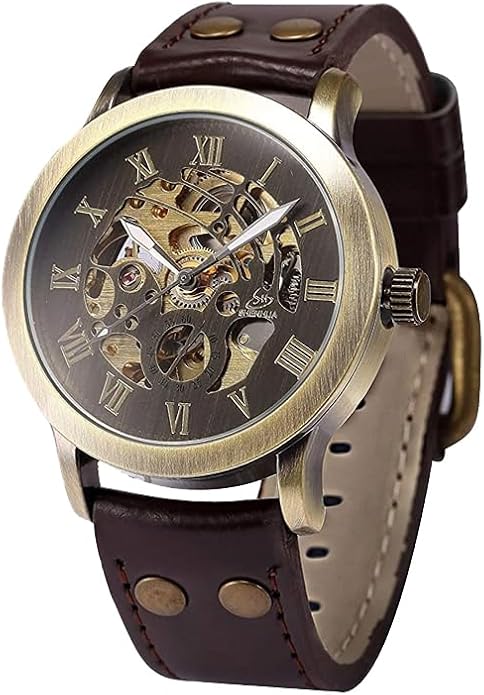FANMIS Men's Steampunk Skeleton Automatic Mechanical Watch Leather Strap - skull watch