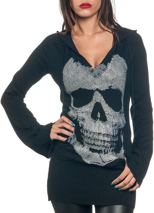 Sugar Rock Women Sweater Hoodie Shirt Long Bell Sleeves Skull Rhinestone Vneck - skull hoodie