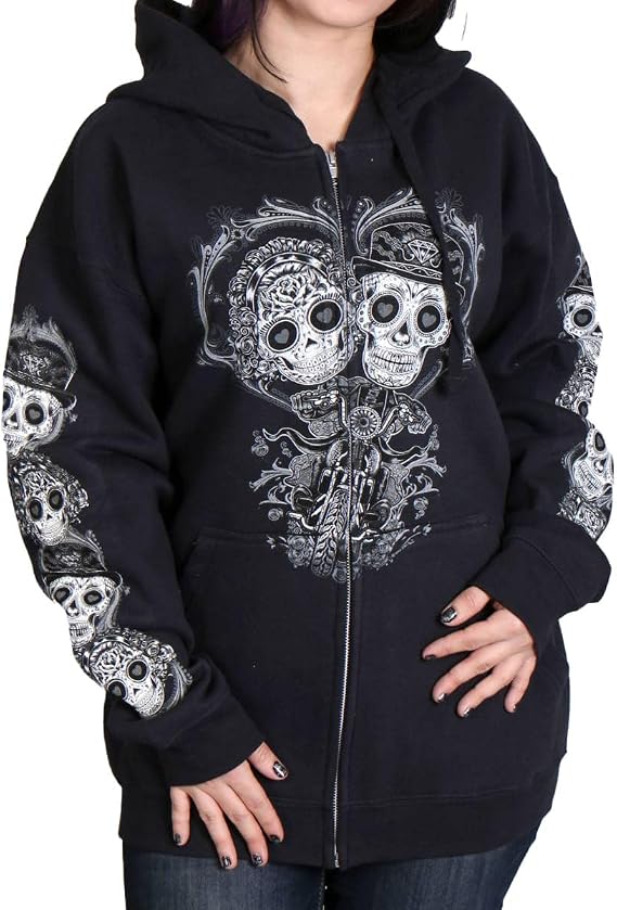 Hot Leathers Women's Sugar Couple Full Cut Zip Up Hooded Sweat Shirt - skull hoodie