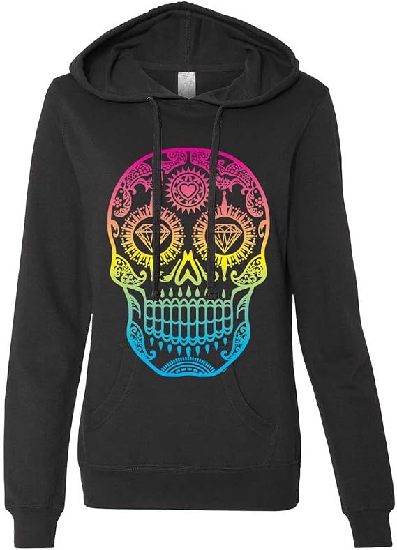 Neon Diamond Eyes Smiling Sugar Skull Ladies Lt./Wt. Hoodie - skull hoodie