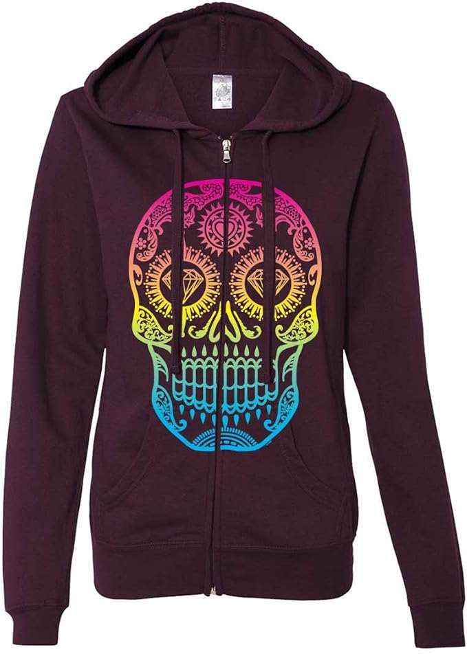 Dolphin Shirt Co Neon Diamond Eyes Smiling Sugar Skull Ladies Zip-Up Hoodie - skull sweatshirts