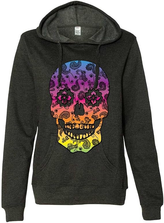 Neon Paisley Print Sugar Skull Ladies Lt./Wt. Hoodie - skull sweatshirts
