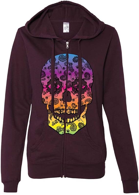 Dolphin Shirt Co Neon Paisley Print Sugar Skull Ladies Zip-Up Hoodie - skull sweatshirts