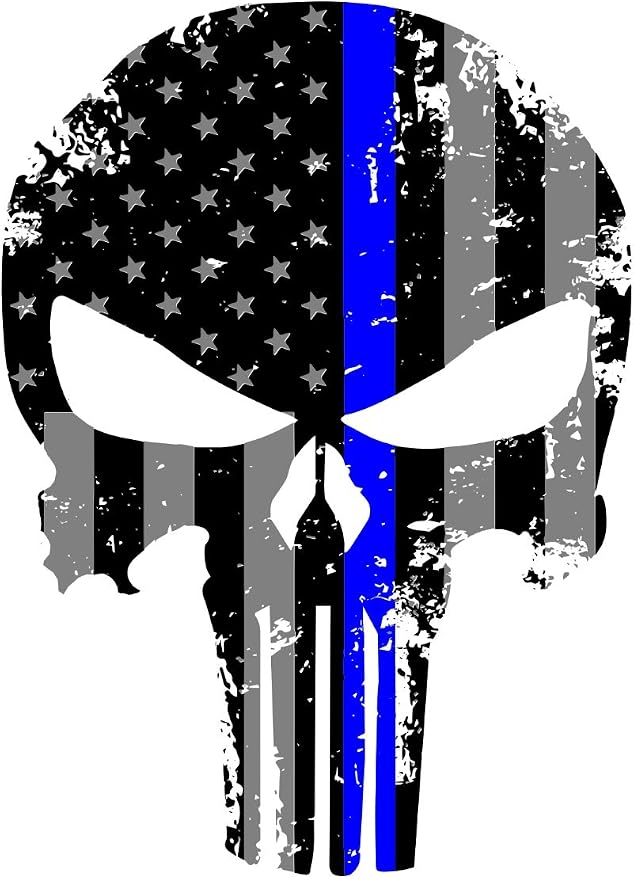 Blue line Punisher Skull Reflective Decal, 5.5×4 Inch, Subdued US Flag