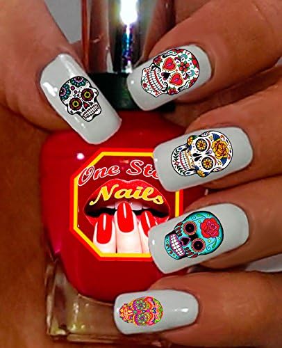 Sugar Skull Nail Art Decals (Tattoo). Set of 63 Clear waterslide nail art decals. Dia de los Muertos. SS001-63 by One Stop Nails - skull sticker