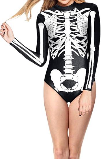 Womens Halloween 3D Skeleton Costume Cosplay Print Tights - skull swimsuit
