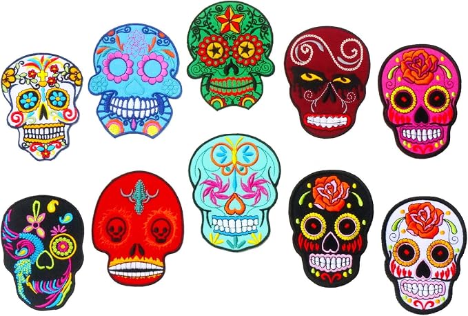 Graphic Dust 10 Pieces Sugar Skull Embroidered Iron on Patch Calavera Candy Skull Mexico Applique Symbol Happy Death Lucky Spirit Coco Backpack DIY - skull backpack