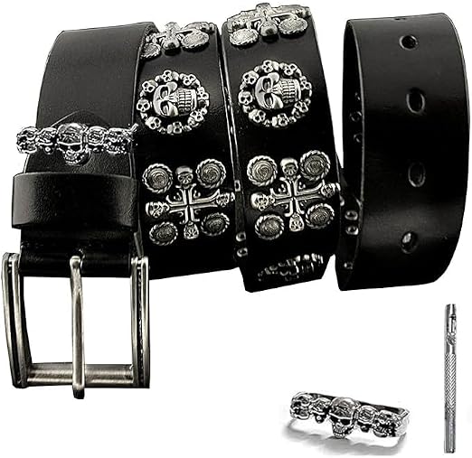 vogueteen Men's Punk Genuine Leather Belts Biker Rock Skull Cross Black Waist Strap belt - skull wallet