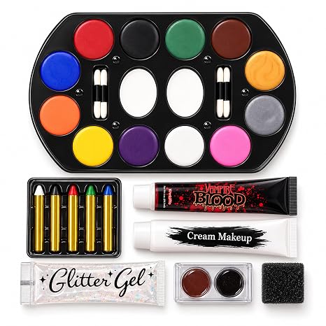 Kangaroo 12 Color Face Paint Palette & 5 Color Pencils SFX Clown Makeup Kit - skull painting