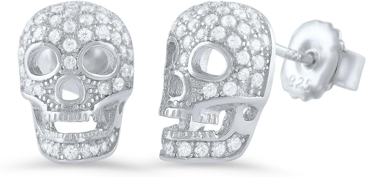 Rhodium Plated Sterling Silver Womens Cz Bling Sugar Skull Womens Stud Earrings - Halloween Gifts for Mom Wife Girlfriend - 11mm - skull plate