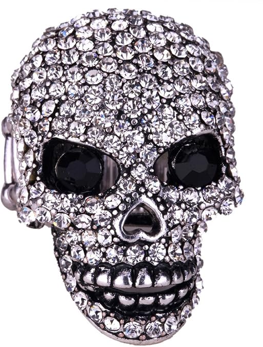 YACQ Women’s Skull Stretch Rings Fit Finger Size 7 TO 9 – Moving Jaw – Lead & Nickle Free – Paved Crystals – (1-1/2 x 1) Inch – Scarf Holders – Women Biker Jewelry