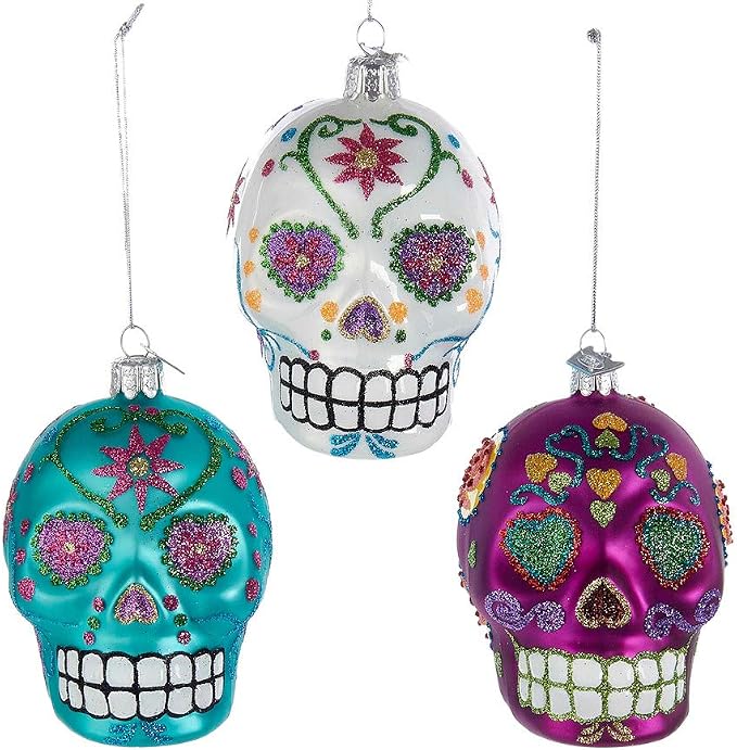 Kurt S. Adler Noble Gems™ Sugar Skull Glass Ornaments, 3 Assorted,Christmas - skull candle