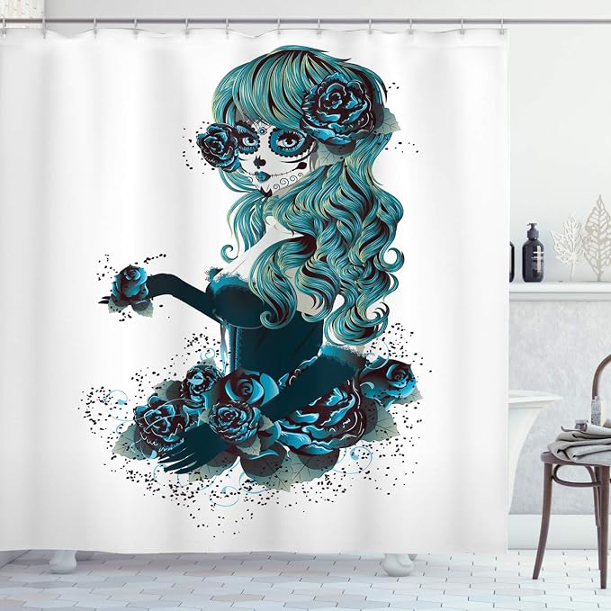 Ambesonne Skull Shower Curtain, Vintage Sugar Shape Girl Day of The Dead Bride Dark Color Roses Graphic, Cloth Fabric Bathroom Decor Set with Hooks, 69" W x 84" L, Petrol Blue White - skull toilet rug