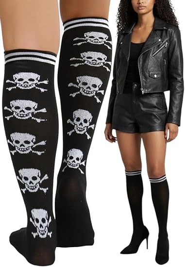 ToBeInStyle Women’s Skull Crossbones Skeleton Bones Pirate Costume Knee High Socks - sugar skull costume