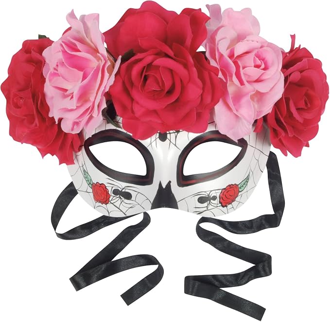 Loftus International Star Power Day of The Dead Sugar Skull Half Mask W Roses, White Multi, One-Size Novelty Item - sugar skull costume