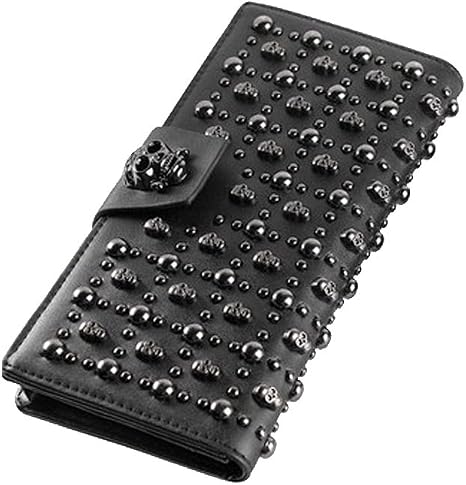 Shinywear Women’s Black Long Skull Studded Purses Genuine Leather Card Holder Wallet