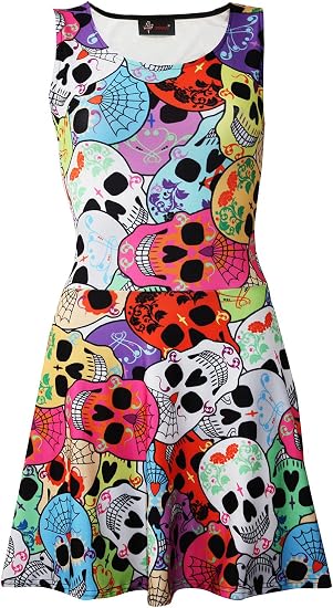 Cute Gothic Multi Sugar Candy Skulls All Over Print Sleeveless Skater Dress - sugar skull dress