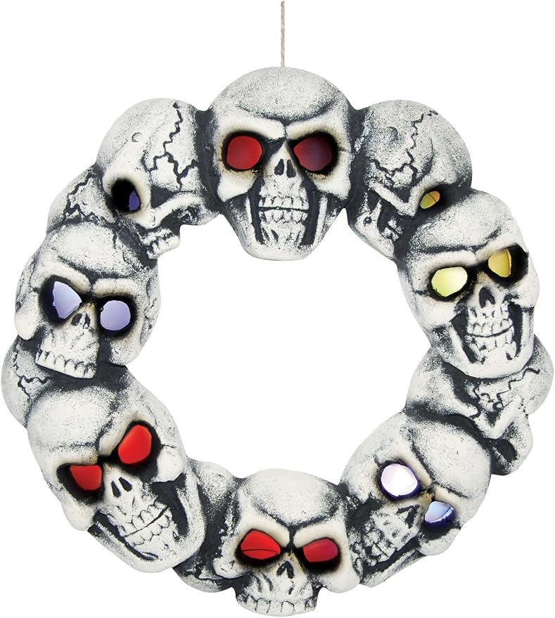 Skull Halloween Wreath with Multicolored Light Up Blinking LED Eyes, 14 Inch White - skull wreath