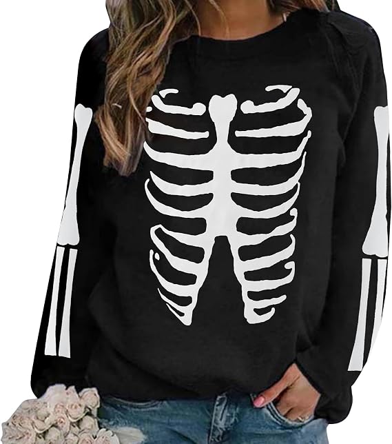 Women Halloween Skeleton Graphic Print Long Sleeve Sweatshirt Tops - skull sweatshirts