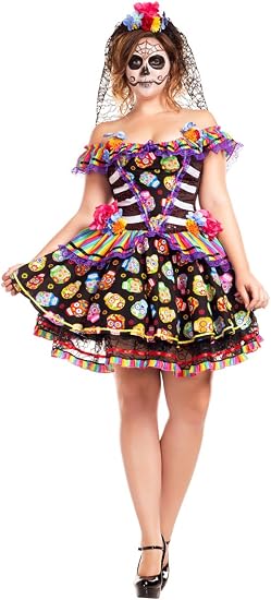 Party King Women's Plus Size Sugar Skull Senorita Costume - sugar skull dress