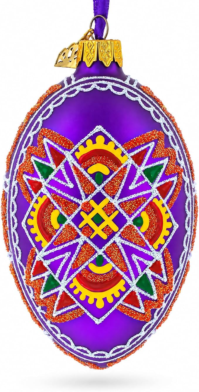 Purple Geometric Ukrainian Egg Glass Christmas Ornament 4 Inches - skull painting