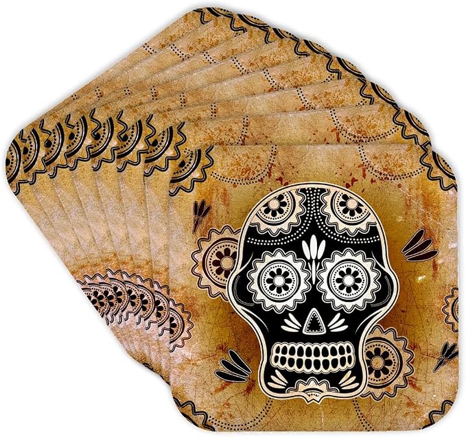 3dRose Heike Köhnen Design Skull - Funny Sugar Skull with Grunge - Set of 8 Coasters - Soft (CST_243041_2) - skull coaster