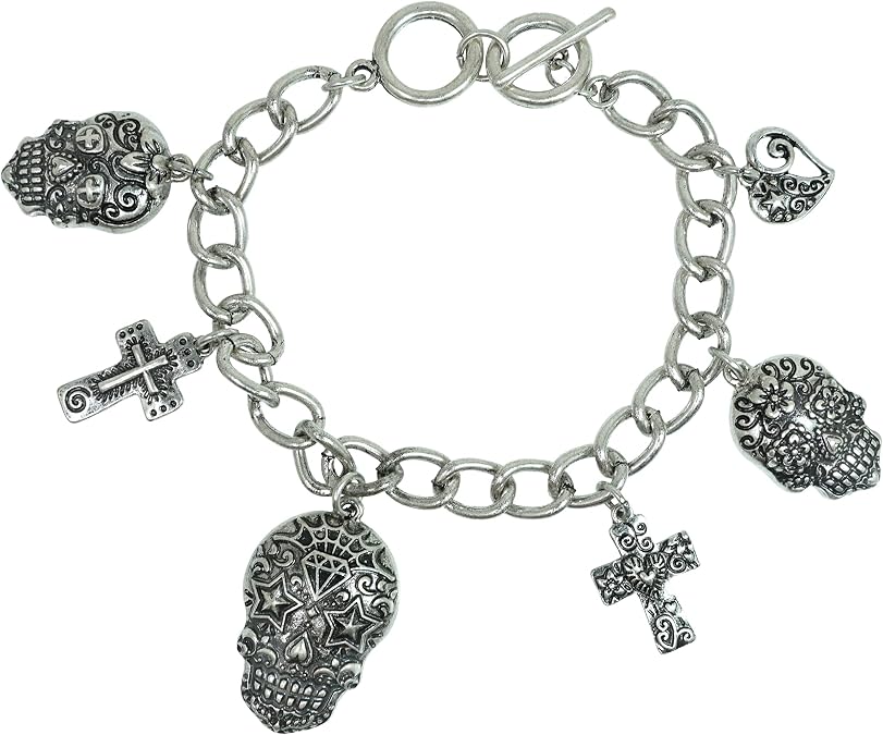 Sugar Skull Charm Bracelet for Women, Day of the Dead Dia de los Muertos Jewelry, Silver Tone Toggle Bracelet, Adjustable 7.25–8 Inch - skull plate