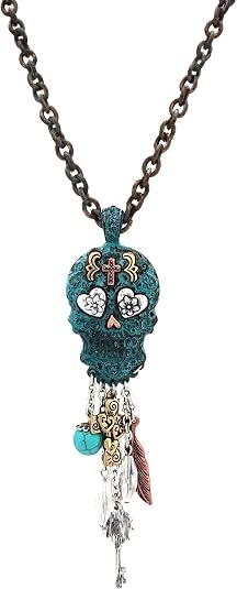 Sugar Skull Long Necklace for Women, 30-Inch Day of the Dead Statement Pendant Necklace with Dangling Charms, Vintage Patina Style - sugar skull dress