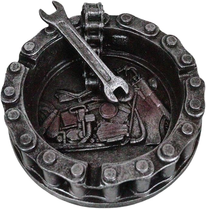 Ebros Gift Mechanic Biker Motorcycle Round Belt Chain With Wrench Tool Cigarette Ashtray Resin Figurine Smoke Shop Room Man Cave Indoor Outdoor Bar Decorative Accent - skull ashtray
