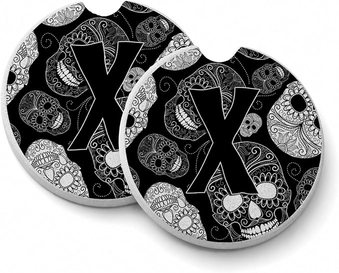 Caroline's Treasures CJ2008-XCARC Letter X Day of the Dead Skulls Black Set of 2 Cup Holder Car Coasters Absorbent Sandstone Coasters for Car Cup Holders Gifts for Men or Women, Large, Multicolor - skull coaster