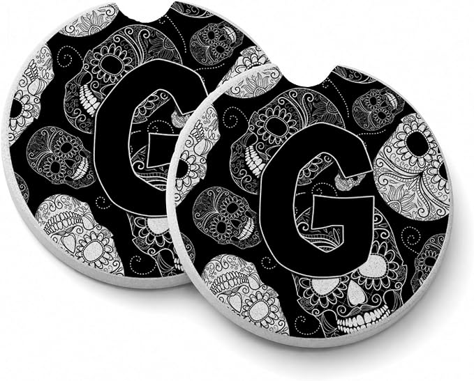 Caroline's Treasures CJ2008-GCARC Letter G Day of the Dead Skulls Black Set of 2 Cup Holder Car Coasters Absorbent Sandstone Coasters for Car Cup Holders Gifts for Men or Women, Large, Multicolor - skull coaster
