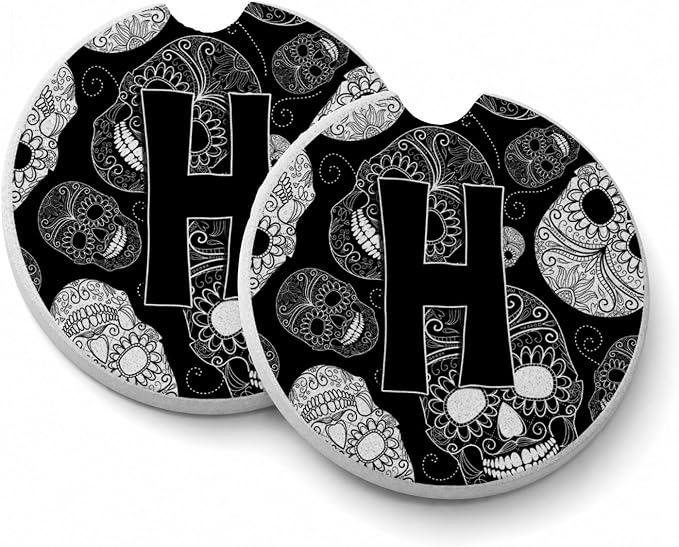 Caroline's Treasures CJ2008-HCARC Letter H Day of The Dead Skulls Black Set of 2 Cup Holder Car Coasters Absorbent Sandstone Coasters for Car Cup Holders Gifts for Men or Women, Large, Multicolor - skull coaster