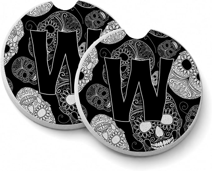 Caroline's Treasures CJ2008-WCARC Letter W Day of The Dead Skulls Black Set of 2 Cup Holder Car Coasters Absorbent Sandstone Coasters for Car Cup Holders Gifts for Men or Women, Large, Multicolor - skull coaster