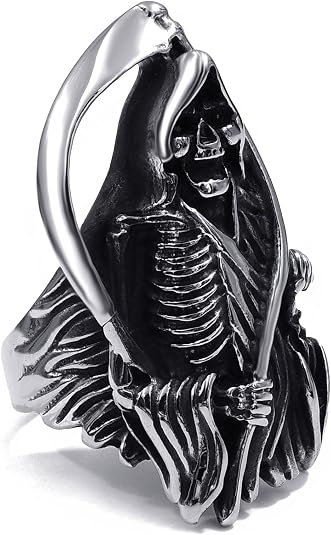 Grim Reaper Ring for Mens, Stainless Steel Death Skull Ring Biker Scary Death Jewelry, Size 8-13 - skull ring