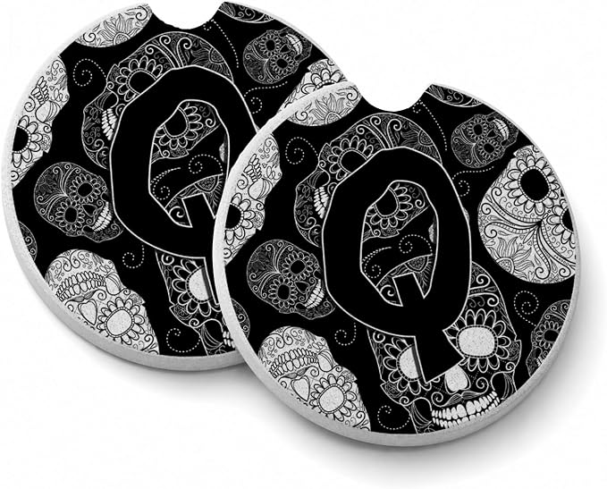 Caroline's Treasures CJ2008-QCARC Letter Q Day of The Dead Skulls Black Set of 2 Cup Holder Car Coasters Absorbent Sandstone Coasters for Car Cup Holders Gifts for Men or Women, Large, Multicolor - skull coaster