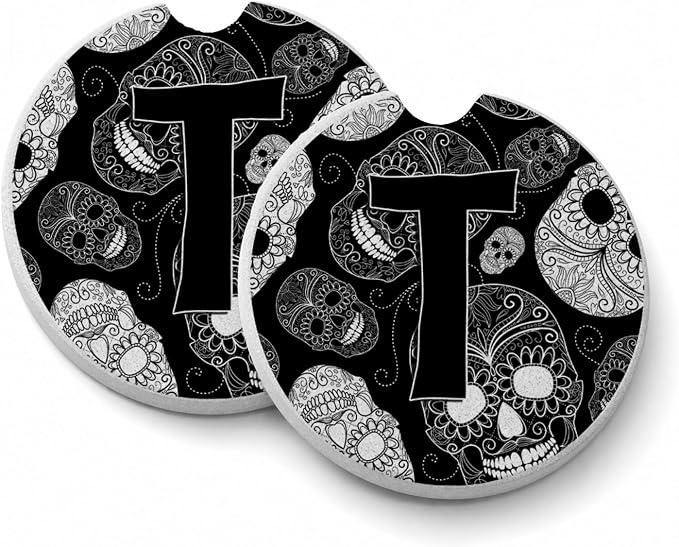 Caroline's Treasures CJ2008-TCARC Letter T Day of The Dead Skulls Black Set of 2 Cup Holder Car Coasters Absorbent Sandstone Coasters for Car Cup Holders Gifts for Men or Women, Large, Multicolor - skull coaster