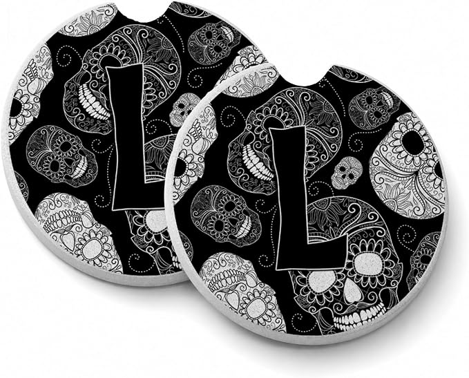 Caroline's Treasures CJ2008-LCARC Letter L Day of The Dead Skulls Black Set of 2 Cup Holder Car Coasters Absorbent Sandstone Coasters for Car Cup Holders Gifts for Men or Women, Large, Multicolor - skull coaster