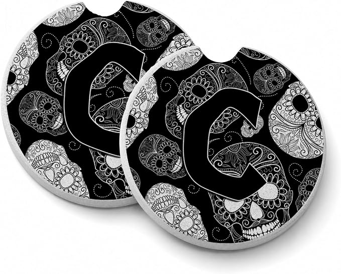 Caroline's Treasures CJ2008-CCARC Letter C Day of The Dead Skulls Black Set of 2 Cup Holder Car Coasters Absorbent Sandstone Coasters for Car Cup Holders Gifts for Men or Women, Large, Multicolor - skull coaster