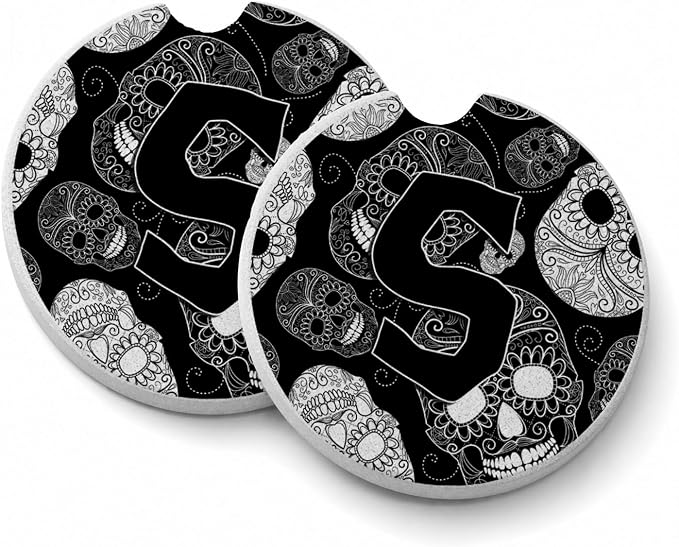 Caroline's Treasures CJ2008-SCARC Letter S Day of The Dead Skulls Black Set of 2 Cup Holder Car Coasters Absorbent Sandstone Coasters for Car Cup Holders Gifts for Men or Women, Large, Multicolor - skull coaster